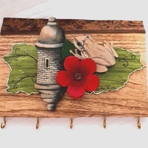 Rustic Wooden Key Holder with Red Flower and Coqui Design